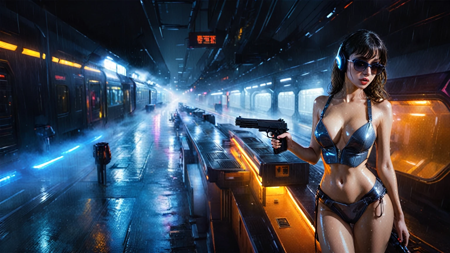 (((aerial view))), Blade Runner style futuristic railway platform, hi-tech train, neon lights, rainy night. (1girl, solo, alone), large-breast:1.2 slim body, cleavage:1.1, sexy wind blowing wet dress:1.4, headphone, (black sunglasses), (((she raised a pistol:1.8 and shot:1.8 the viewer))), dynamic pose, (((half-body thigh level medium shot))), cinematic lighting, lens flare, ray tracing, zoom-in blurred:1.4 background.