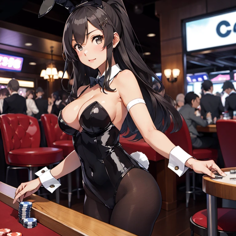 oyashio,hairclip, 1 girl, solo, ( bunny costume:1.3), black pantyhoIP lounge in casino,KonishiCSA