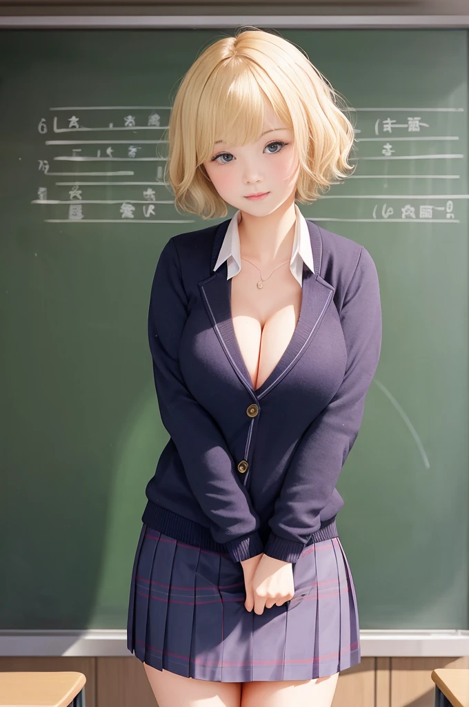 One woman,hi-school girl, cleavage,a blond,short-haired,School Uniforms,Classroom,In front of the blackboard,sexypose、(all nude:1.3)