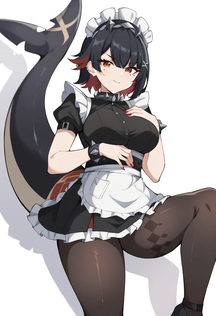 (anime art style:0.5), 2d, masterpiece, best quality, very aesthetic, absurdres, dynamic shadows, atmosferic, ellen_joe, genshin impact, (1girl), (solo), (black hair), short hair, red locks, red eyes, detailed eyes, mole under eye, hair between eyes, bangs, medium breasts, curvy body, makeup, tail, fish tail, black pantyhose, pantyhose rhombus pattern, spiked choker, spiked bracelet, spiked headress, x hair ornament, ear piercing, red nail polish, maid, maid headress, white apron, black dress, puffy short sleeves, covered collarbone, black high heels, parted skirt, (sexy smile), (cowboy shot), hands on own chest, (spread legs), looking at viewer, (white background), (simple background)