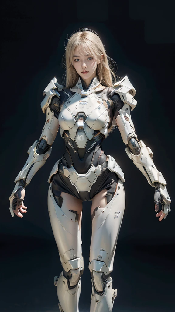 best quality, 1080P, Masterpiece, Whole body photo, Ultra high resolution, photorealistic photo, ultra realism, Realistic skin texture, Light blonde hair, Extreme skin detail, dslr, Detailed eyes, Facing the camera, very beautiful face, Concise facial structure, Pale skin, Realistic skin texture, Extreme skin detail, oc render reflection textures, Realistic light and shadow, Single picture, alone, The body is slim and balanced., Age 20, Height 170, naked girl, NUDE, no underwear, A girl with the body of a mechanical robot., Transparent futuristic black glass mech armor suit, red armor, The mechanical cervix is attached to the neck., flat stomach, Woman with perfect mechanical arms and legs, full body view, Whole body photo,