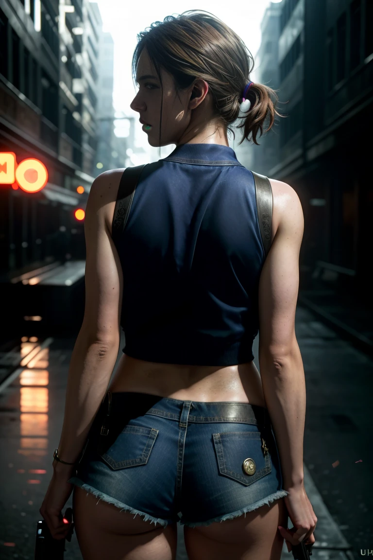 ((masterpiece, best quality)), Jill Valentine, (high detail skin), legs, (high detail mini shorts and open shirt:1.3), (seductive expression:1.2), various poses,short gun in hand, zombie city streets background, (UHD, 8K wallpaper, High resolution), intense sunlight, Cinematic lighting, physically-based rendering, award-winning, extremely detailed skin, extra detailed face, high detail eyes, Carl Zeiss 85 mm F/1.4, by Ellen von Unwerth, from behind