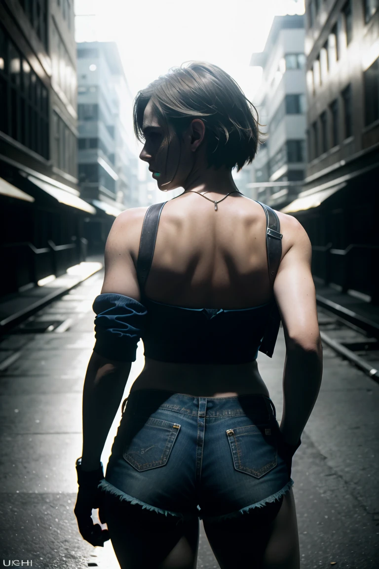 ((masterpiece, best quality)), Jill Valentine, (high detail skin), legs, (high detail mini shorts and open shirt:1.3), (seductive expression:1.2), various poses,short gun in hand, zombie city streets background, (UHD, 8K wallpaper, High resolution), intense sunlight, Cinematic lighting, physically-based rendering, award-winning, extremely detailed skin, extra detailed face, high detail eyes, Carl Zeiss 85 mm F/1.4, by Ellen von Unwerth, from behind