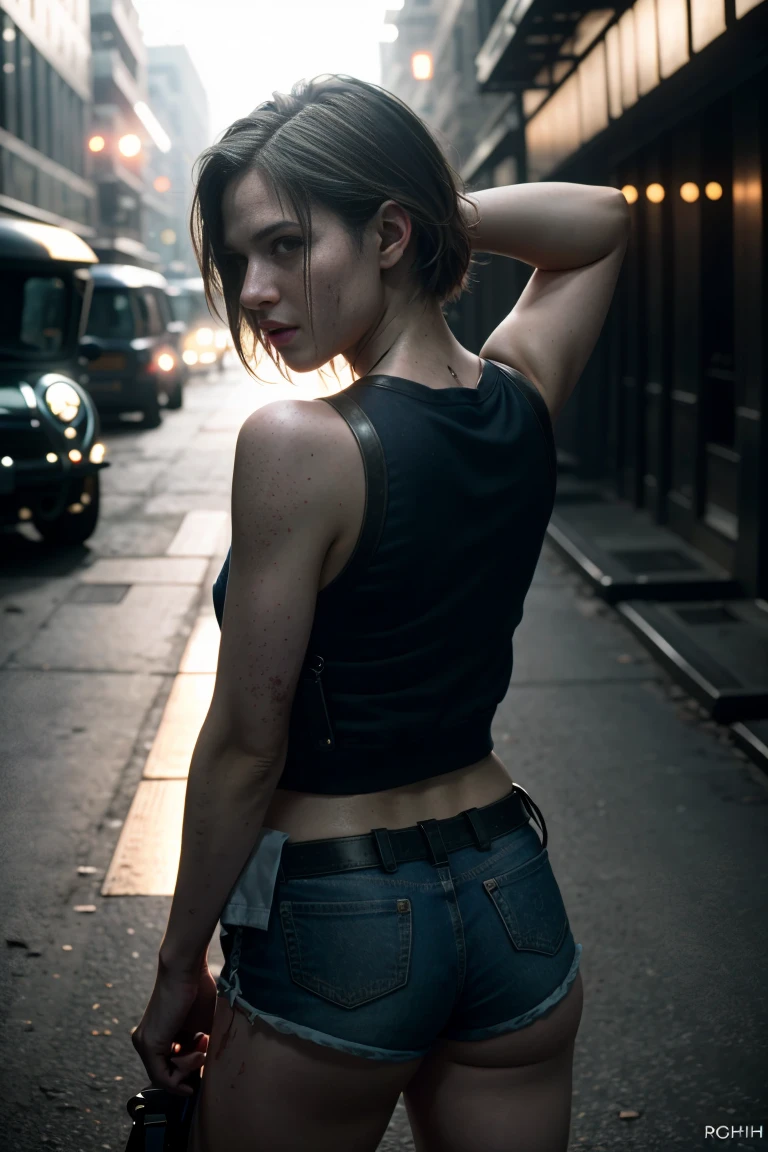 ((masterpiece, best quality)), Jill Valentine, (high detail skin), legs, (high detail mini shorts and open shirt:1.3), (seductive expression:1.2), various poses,short gun in hand, zombie city streets background, (UHD, 8K wallpaper, High resolution), intense sunlight, Cinematic lighting, physically-based rendering, award-winning, extremely detailed skin, extra detailed face, high detail eyes, Carl Zeiss 85 mm F/1.4, by Ellen von Unwerth, from behind