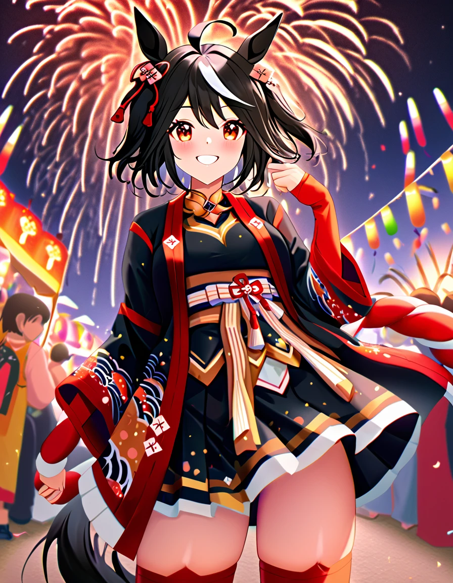 Ultra-high resolution, Highest quality, 8k,Horse Girl,Kitasan Black,162 cm,Bust 85,Waist 56,Hip 88,Festivals,firework,A happy smile