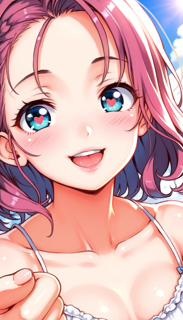 1girl, tiny girl, young girl, mesugaki, mesugaki smile, Teasing, naughty looks, heart eyes, A girl who puts her own Clenched fist to her own head:1.3, A girl tapping her own head:1.3, tidy, Focus on the girl, glossy skin, oily skin, Close-up of the face, Masterpiece:2, Top Quality, high Quality, Very Detailed, ultra High Resolution, super High Resolution, Beautiful Detail, Dynamic angles, perfect lighting, 8k, Animation Style, cartoon style, game cg, sfw,