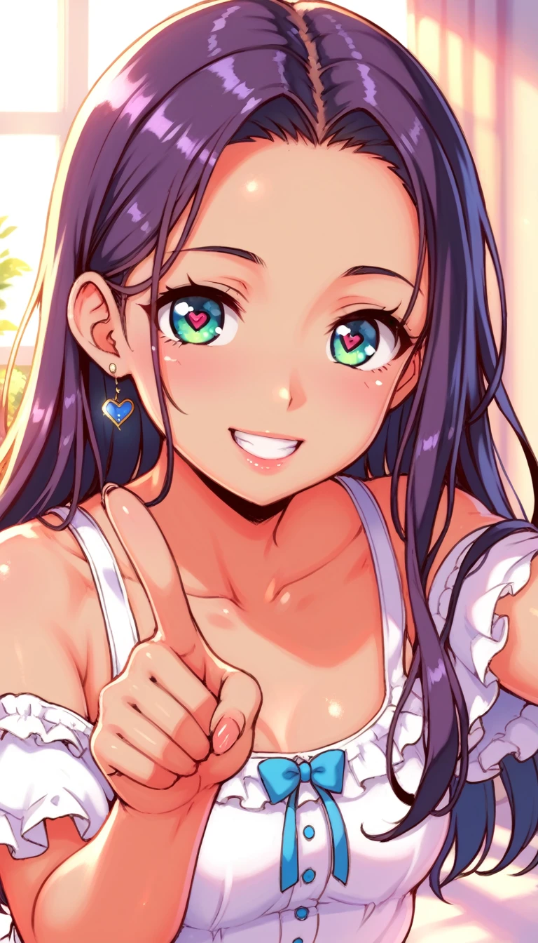 A girl pointing to her forehead,HDR,1girl,  girl, young girl, mesugaki, wicked smile, Teasing, naughty looks, heart eyes, A girl pointing to her top head:1.3, a girl putting her finger to her top head;1.3, Focus on the girl, glossy skin, oily skin, Close-up of the face, Masterpiece:2, Top Quality, high Quality, Very Detailed, ultra  High Resolution, super High Resolution, Beautiful Detail, Dynamic angles, perfect lighting, 8k, Animation Style,  cartoon style, game cg, sfw, 