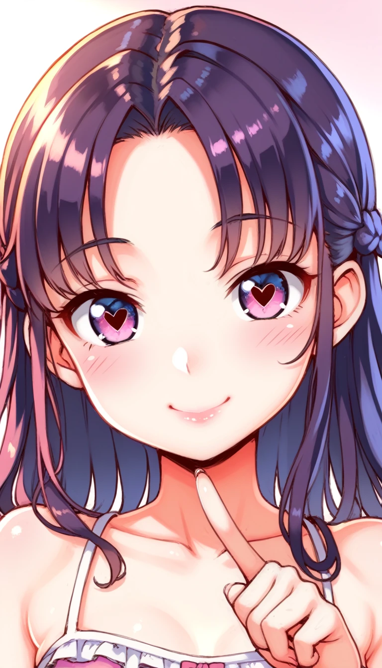 A girl pointing to her forehead,HDR,1girl, girl, young girl, mesugaki, wicked smile, Teasing, naughty looks, heart eyes, A girl pointing to her top head:1.3, a girl putting her finger to her top head;1.3, Focus on the girl, glossy skin, oily skin, Close-up of the face, Masterpiece:2, Top Quality, high Quality, Very Detailed, ultra High Resolution, super High Resolution, Beautiful Detail, Dynamic angles, perfect lighting, 8k, Animation Style, cartoon style, game cg, sfw,