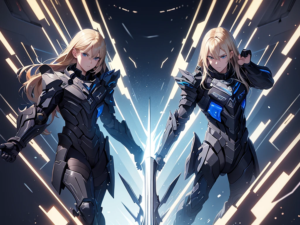 18 years old, blond hair, flowing blond hair, blue eyes, in a full body black armor, futuristic, masterpiece, high quality, with a lightning energy in hand, shoulders exposed, gloves, ready to fight pose, 4k