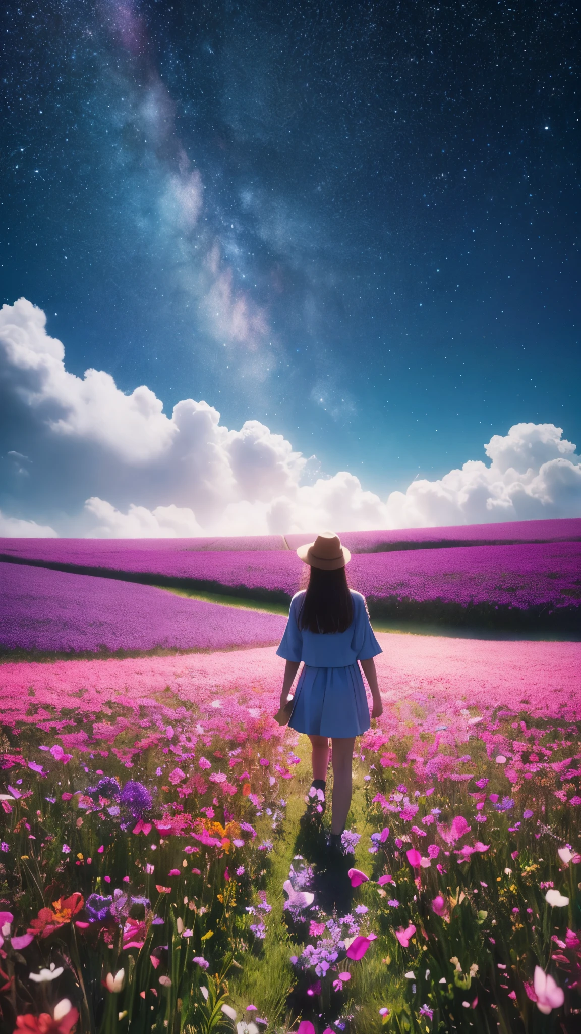 There is a girl Standing in a flower field looking up at the sky, a girl Standing in a flower field, Girl walking in a flower field, I was lost in a dream-like wonderland, Standing in a flower field, Amazing digital painting, The sky gradually cleared, The starry sky is gradually々moving away from
