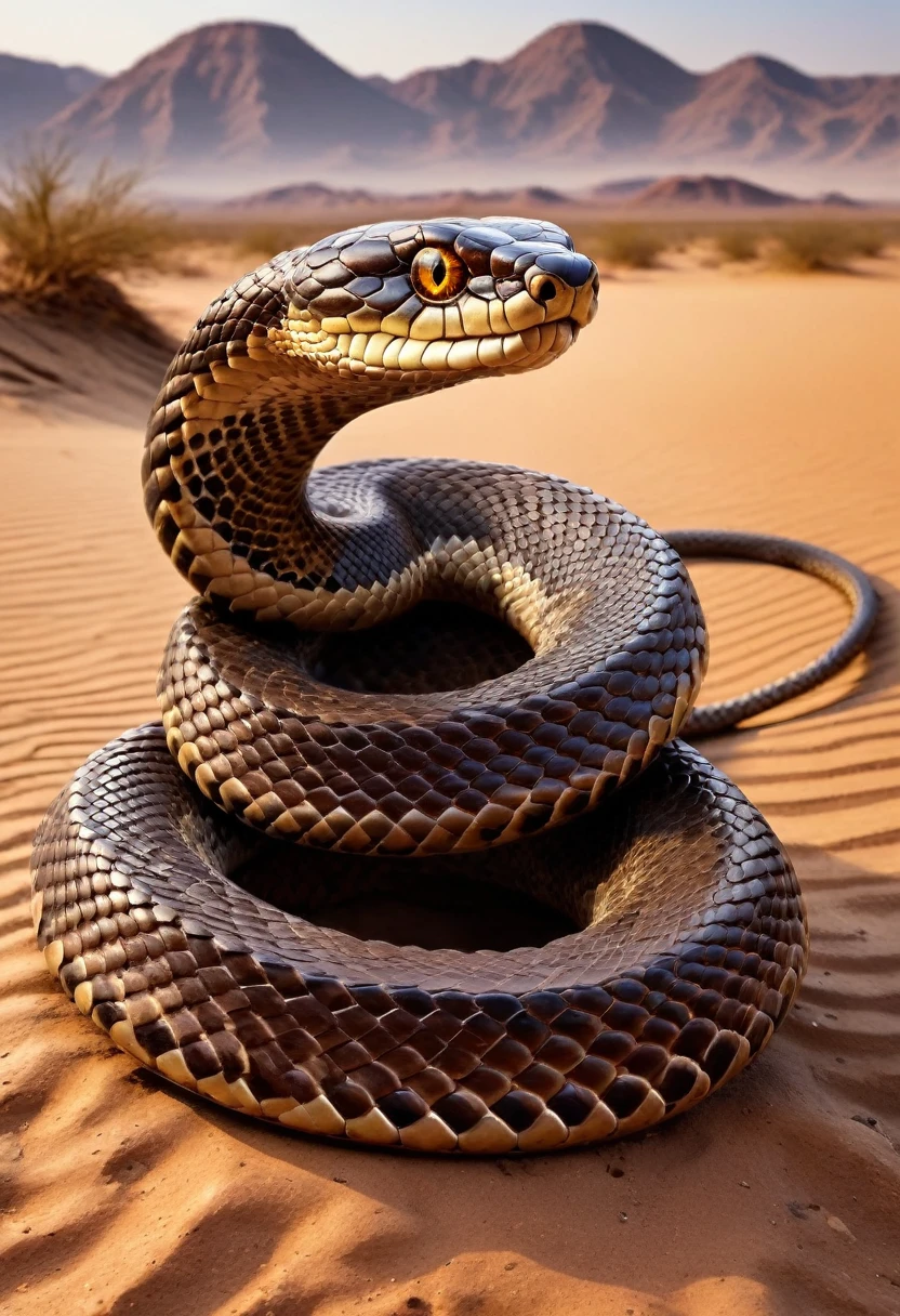 (medium full shot) of (awe-inspiring snake) with muscular body, amber eyes, bronze brown armored scales, venomous fangs, coiling tail, gemstone-studded scales frills, set in a barren desert wasteland, with cracked earth and the remains of ancient structures, a place of mystery and danger, at dawn, ,Masterpiece,best quality, raw photo, realistic, very aesthetic, dark