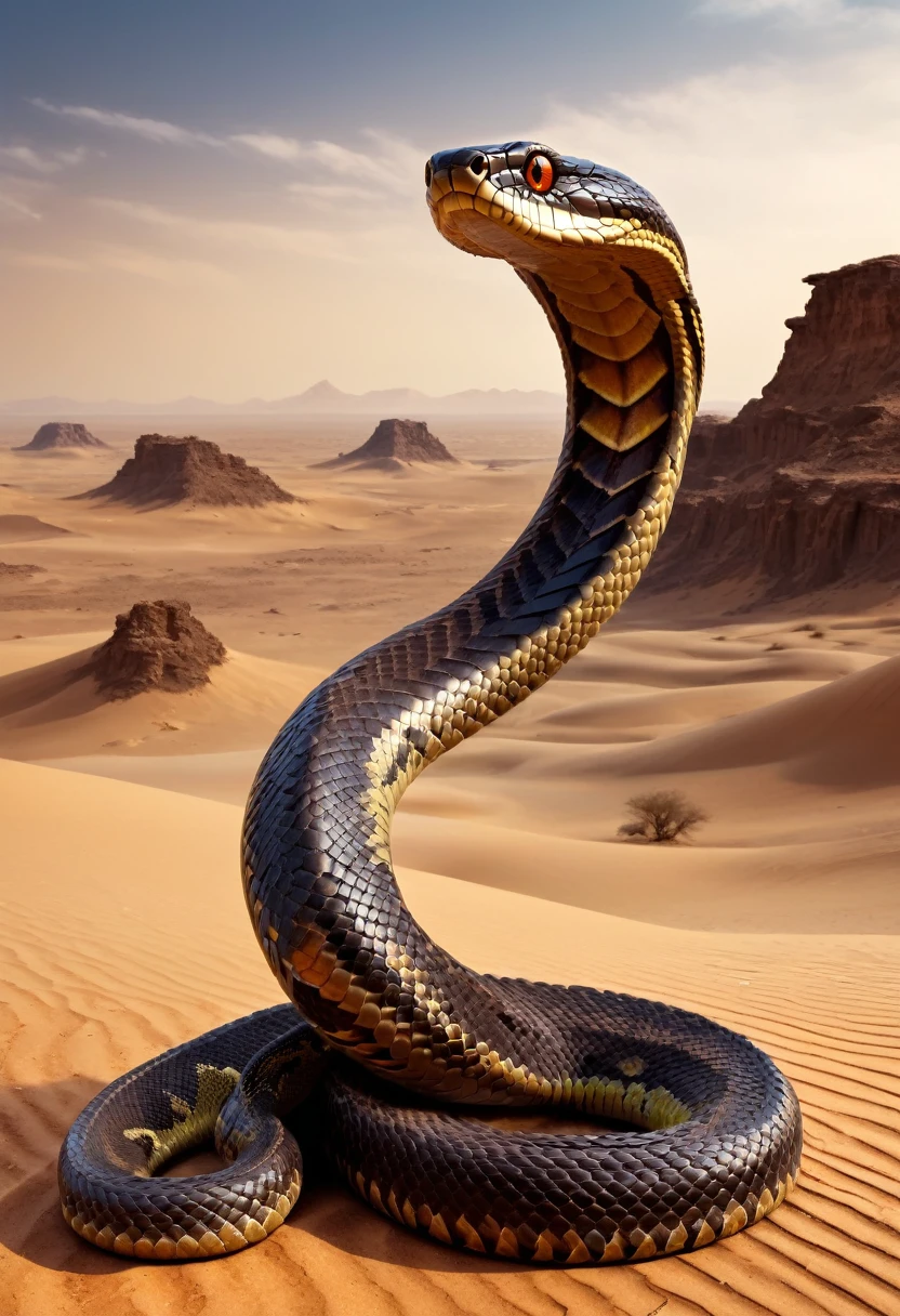 (medium full shot) of (awe-inspiring snake) with muscular body, amber eyes, bronze brown armored scales, venomous fangs, coiling tail, gemstone-studded scales frills, set in a barren desert wasteland, with cracked earth and the remains of ancient structures, a place of mystery and danger, at dawn, ,Masterpiece,best quality, raw photo, realistic, very aesthetic, dark