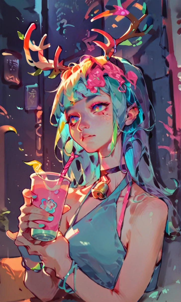 (score_9, score_8_up), score_7_up, score_6_up, score_5_up, score_4_up, holding cup, rainbow eyes, cyan hair, halter top,bell bottoms, hime cut, antlers, neon, colored outlines, glow, rimlight, pink