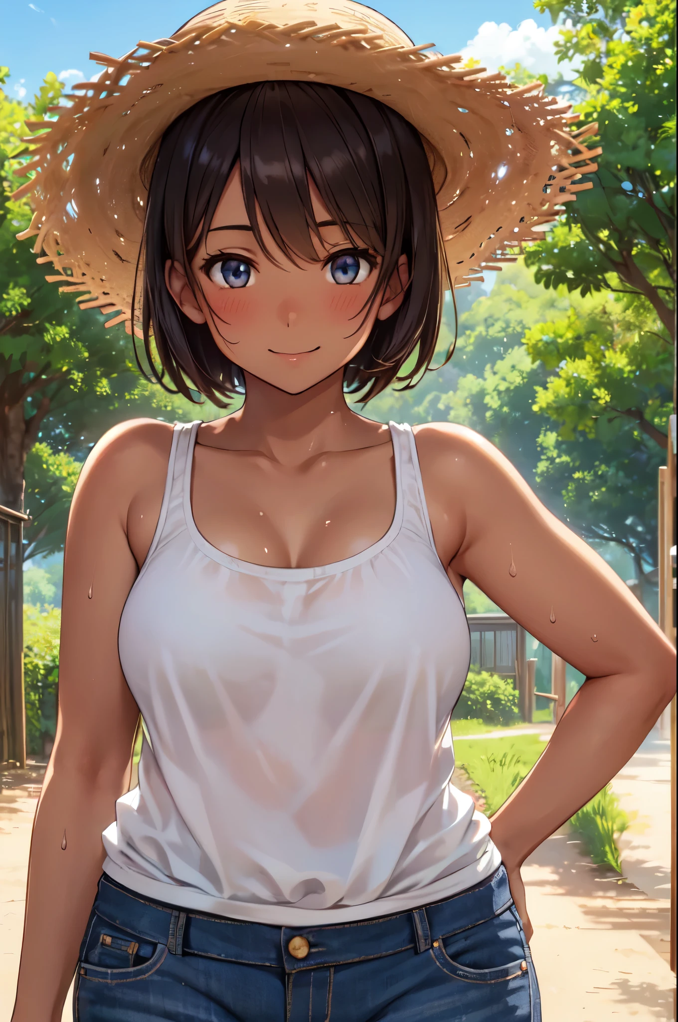 (High quality, High resolution, Fine details), country road, Strong summer sun, straw hat, tank top, Short pants, solo, curvy adult women, sparkling eyes, (Detailed eyes:1.2), smile, blush, Sweat, brown skin, Oily skin, Leaning forward, View from below, Soft tones, shallow depth of field