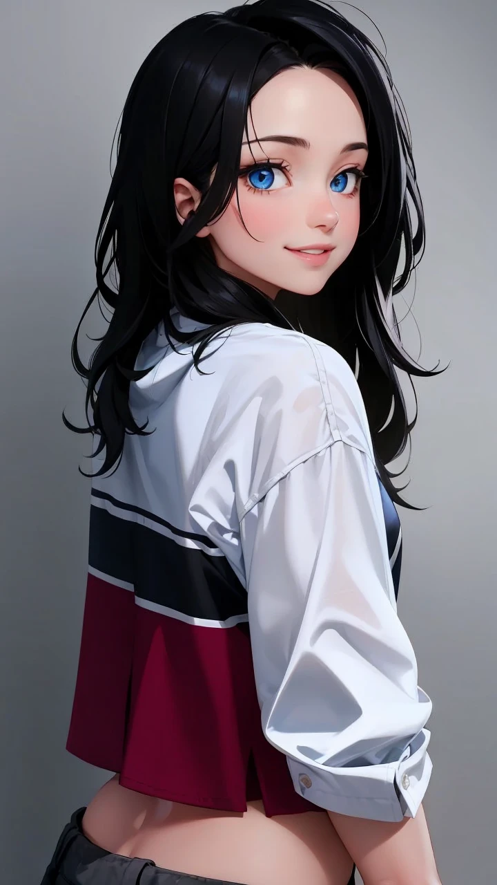 girl, black hair, blue eyes, white sleeve shirt, smile a little bit