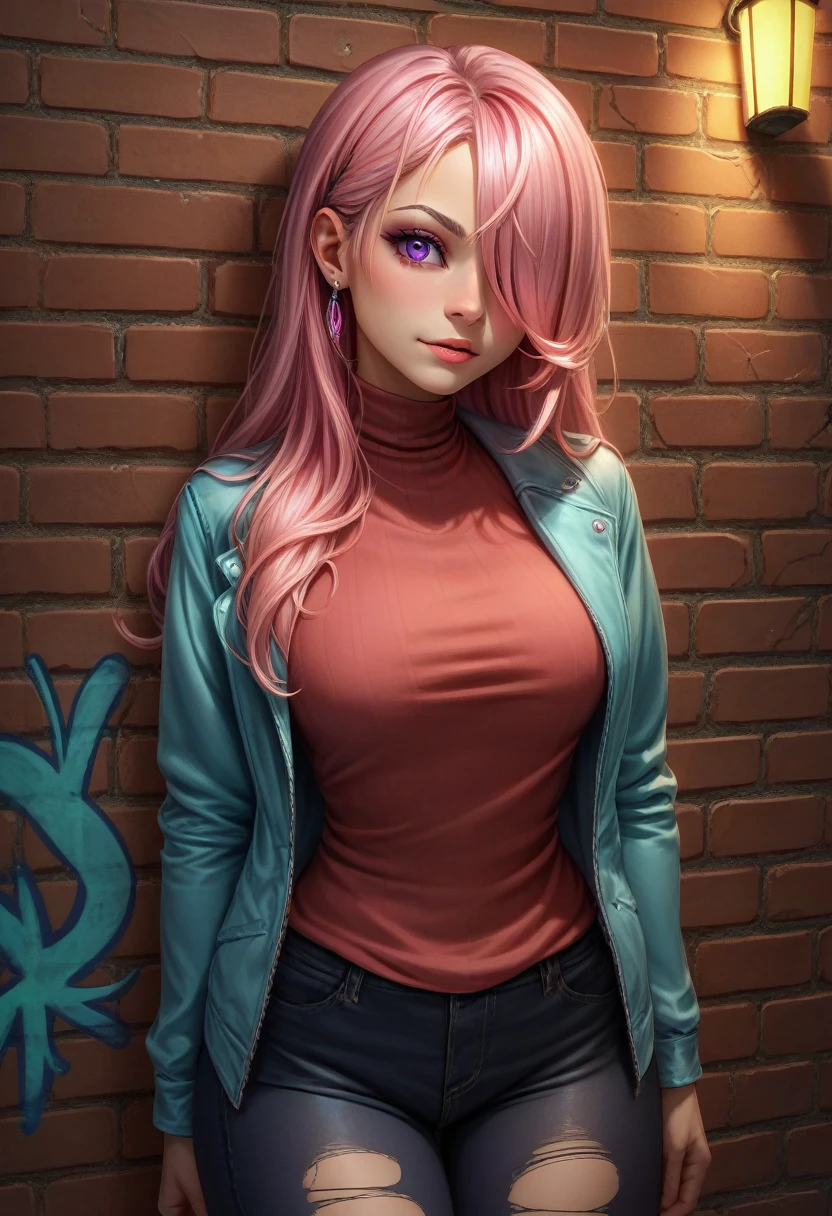 score_9, score_8_up, score_7_up, detailed, 1girl, solo, intricate details, chromatic aberration, realistic, long hair, pink hair, red head ornament, pink highlights, hair over one eye, purple eyes, earrings, sharp eyes, choker, neon shirt, torn legwear, open jacket, turtleneck sweater, night,against wall, brick wall, graffiti, dim lighting, alley, looking at viewer