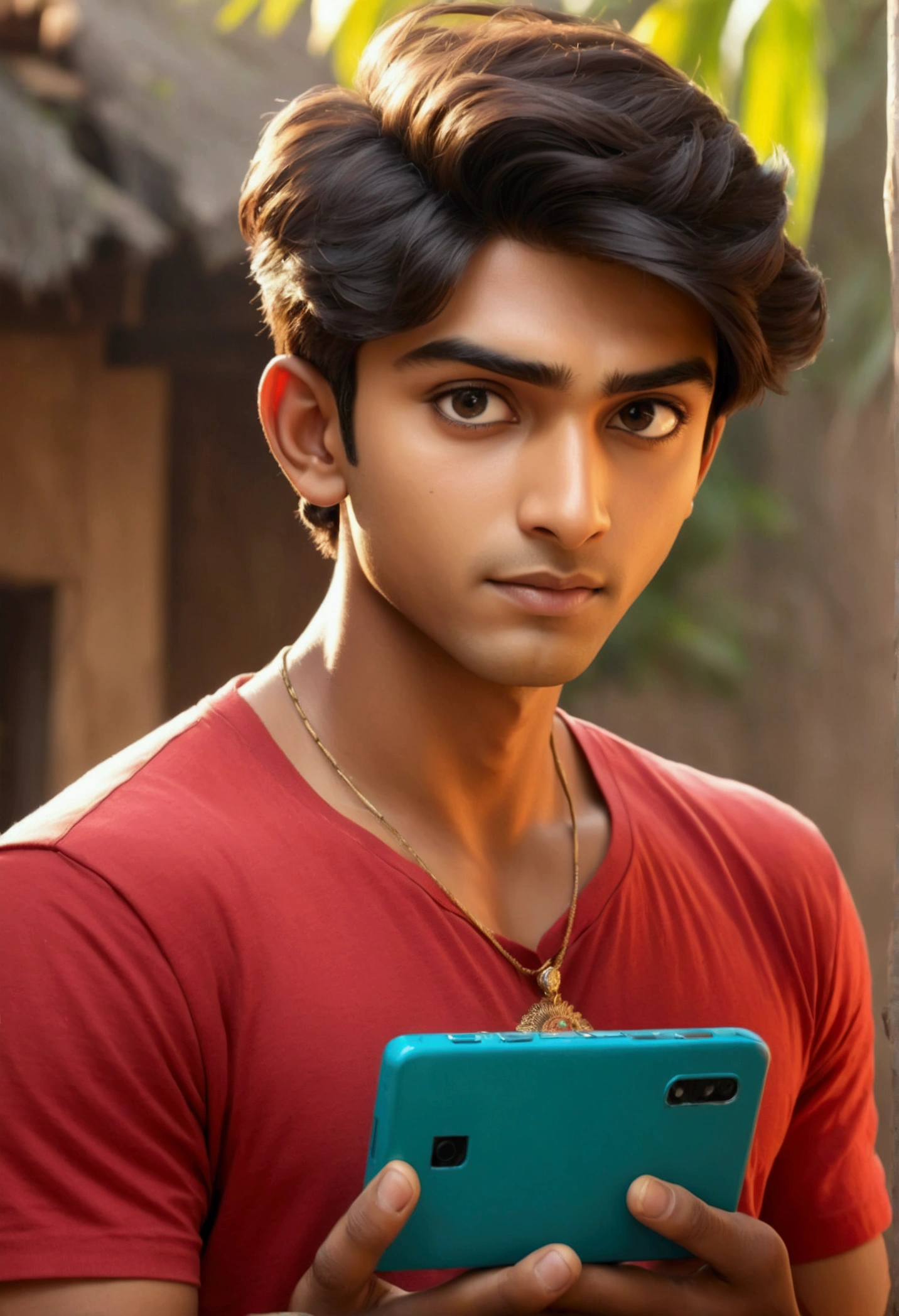 A 20 years old Indian boy wearing red t shirt , he is handsome , fair skintoned
He is talking to someone on touch screen phone
Please provide cartoon style image and full body wide image
