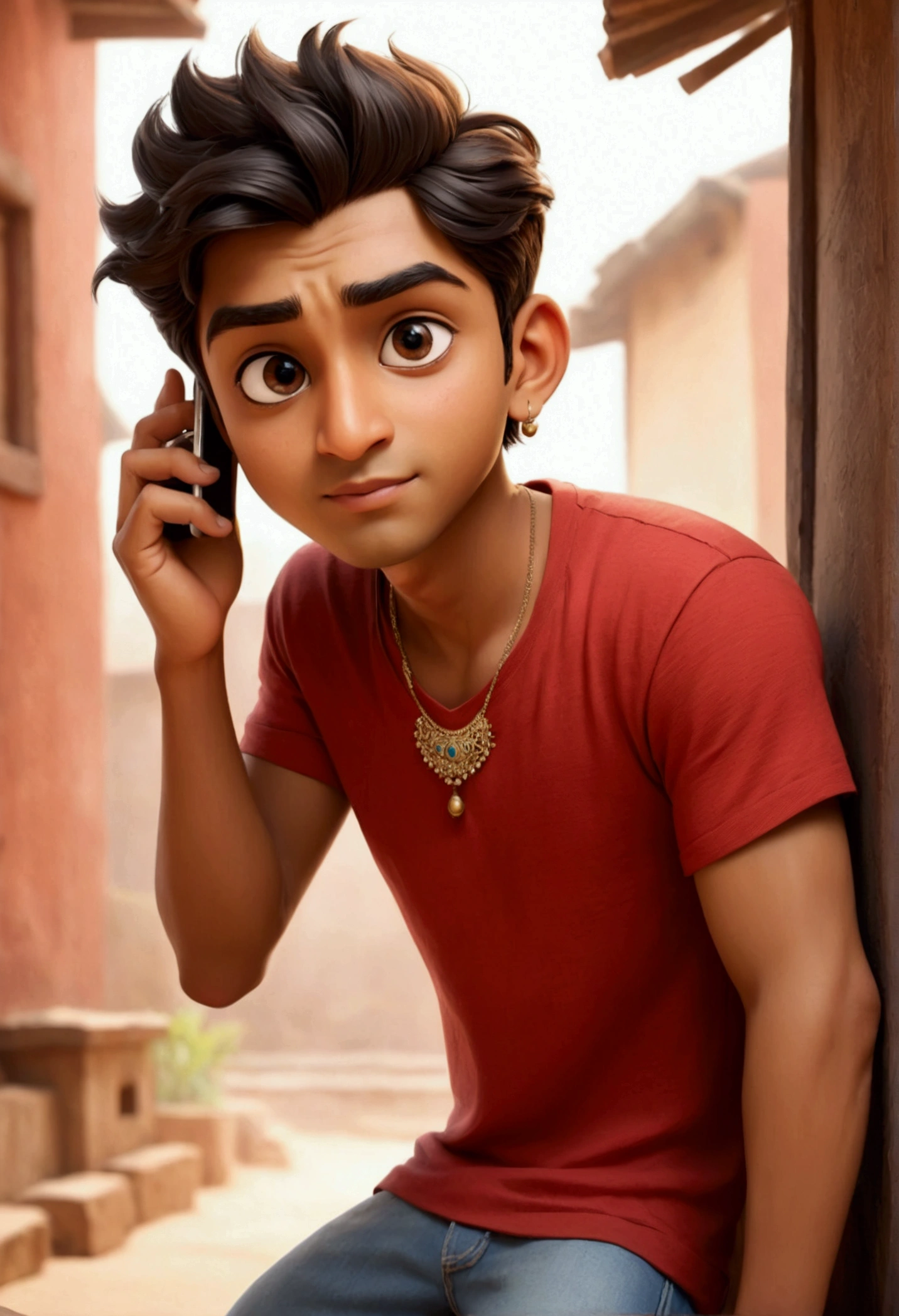 A 20 years old Indian boy wearing red t shirt , he is handsome , fair skintoned
He is talking to someone on touch screen phone
Please provide cartoon style image and full body wide image