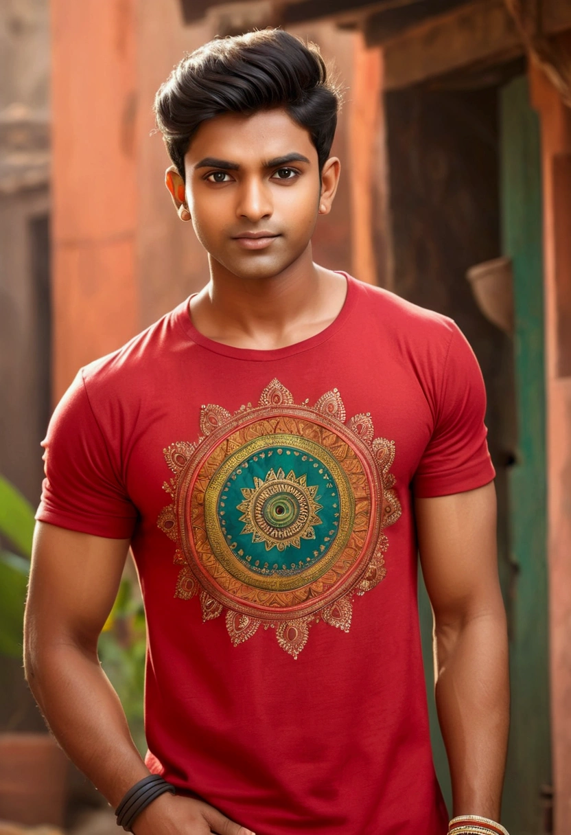A 20 years old Indian boy wearing red t shirt , he is handsome , fair skintoned
He is talking to someone on touch screen phone
Please provide cartoon style image and full body wide image