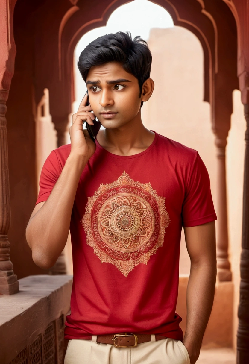 A 20 years old Indian boy wearing red t shirt , he is handsome , fair skintoned
He is talking to someone on touch screen phone
Please provide cartoon style image and full body wide image
