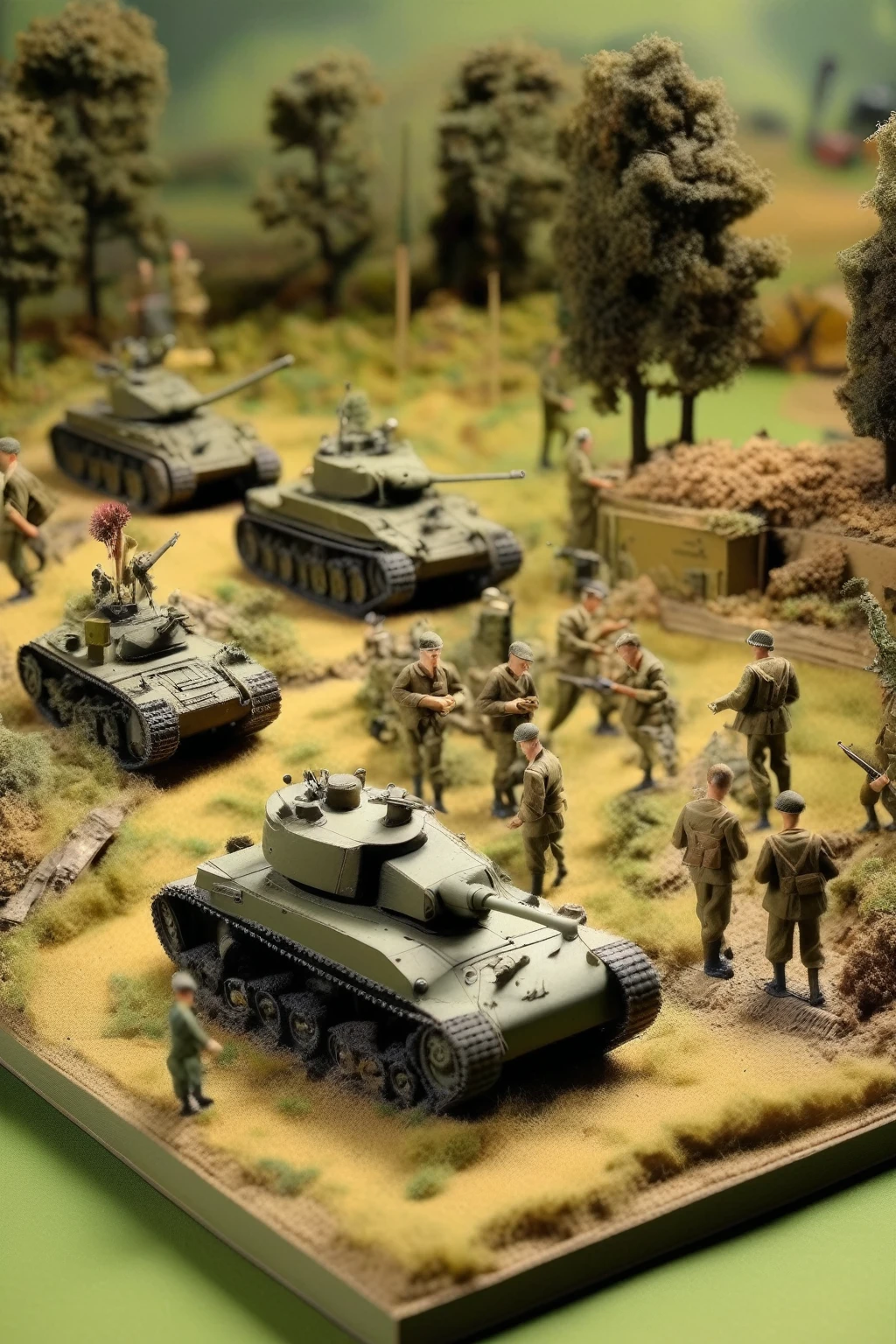 Diorama - Diorama, scaled scenery of a group of military tank working on the  of an open field