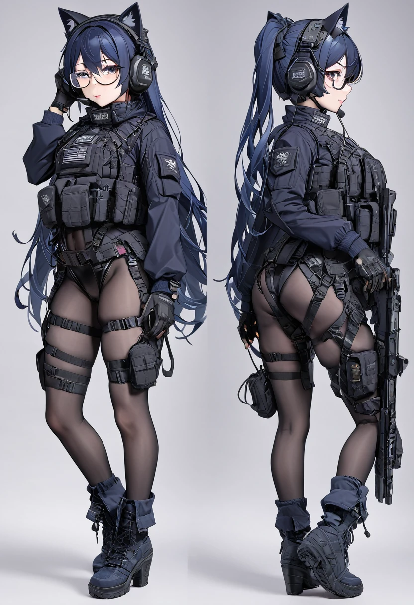 8K Ultra High-Quality, ultra-detailed, High quality, Dark Blue hair, Long hair, Headset, Goggles, cat girl, Grey Tactical clothes, Military clothes, black leotard underneat, body harness, Looking at viewer, choker, glasses, full body