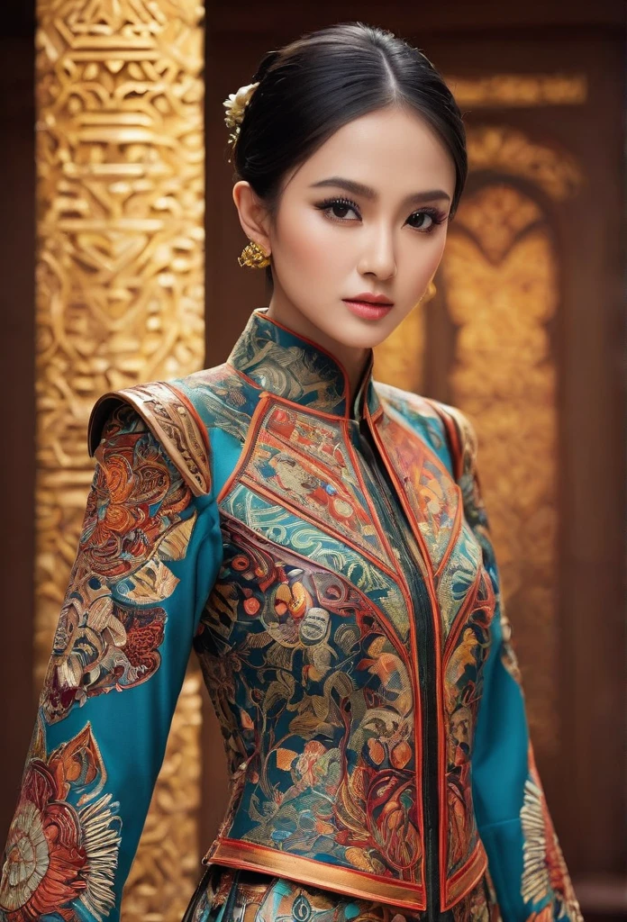 An Indonesian-styled futuristic suit worn by a girl depicting cultural fusion and modern fashion. The suit is adorned with intricate patterns and vibrant colors, showcasing the rich heritage of Indonesia. The girl stands confidently in a dynamic pose, with her detailed eyes reflecting determination and curiosity. The suit's material is a combination of traditional textiles and futuristic synthetic fabrics, giving it a unique and avant-garde appearance. The overall image quality is of the highest standard, with sharp focus and ultra-detailed rendering. The artwork employs physically-based rendering techniques, resulting in realistic lighting and shadows. The colors are vivid and vibrant, capturing the essence of Indonesian cultural aesthetics. The background features a fusion of modern architecture and traditional elements, creating a harmonious blend of the past and the future. The prompt explores the intersection of Indonesian culture, futuristic design, and the artistic representation of a confident girl.