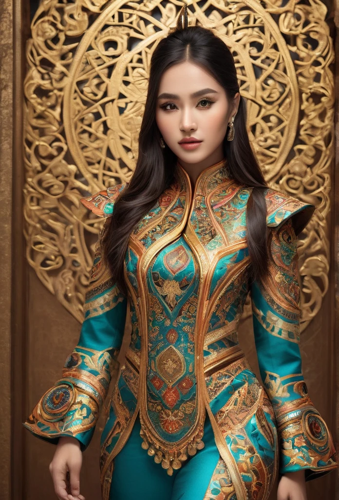 An Indonesian-styled futuristic suit worn by a girl depicting cultural fusion and modern fashion. The suit is adorned with intricate patterns and vibrant colors, showcasing the rich heritage of Indonesia. The girl stands confidently in a dynamic pose, with her detailed eyes reflecting determination and curiosity. The suit's material is a combination of traditional textiles and futuristic synthetic fabrics, giving it a unique and avant-garde appearance. The overall image quality is of the highest standard, with sharp focus and ultra-detailed rendering. The artwork employs physically-based rendering techniques, resulting in realistic lighting and shadows. The colors are vivid and vibrant, capturing the essence of Indonesian cultural aesthetics. The background features a fusion of modern architecture and traditional elements, creating a harmonious blend of the past and the future. The prompt explores the intersection of Indonesian culture, futuristic design, and the artistic representation of a confident girl.