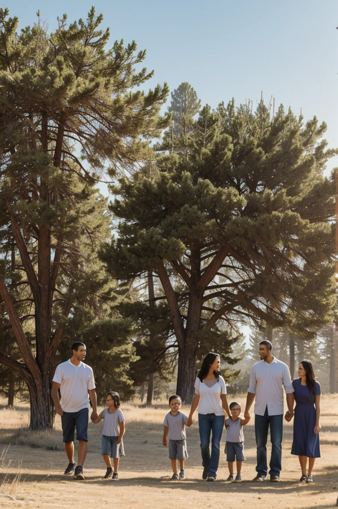 Family and culture, family tree - cedar in the haze of the sun's rays, masterpiece, Best quality , family mom stands around a cedar tree, dad and three children, holding hands