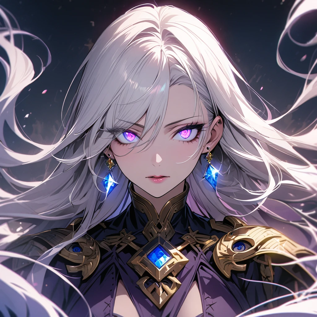 woman, long hair, white hair, mature, god eyes, diamond earings, two colors eyes, one blue eye, one purple eye, glowing eyes, beautiful, detailed