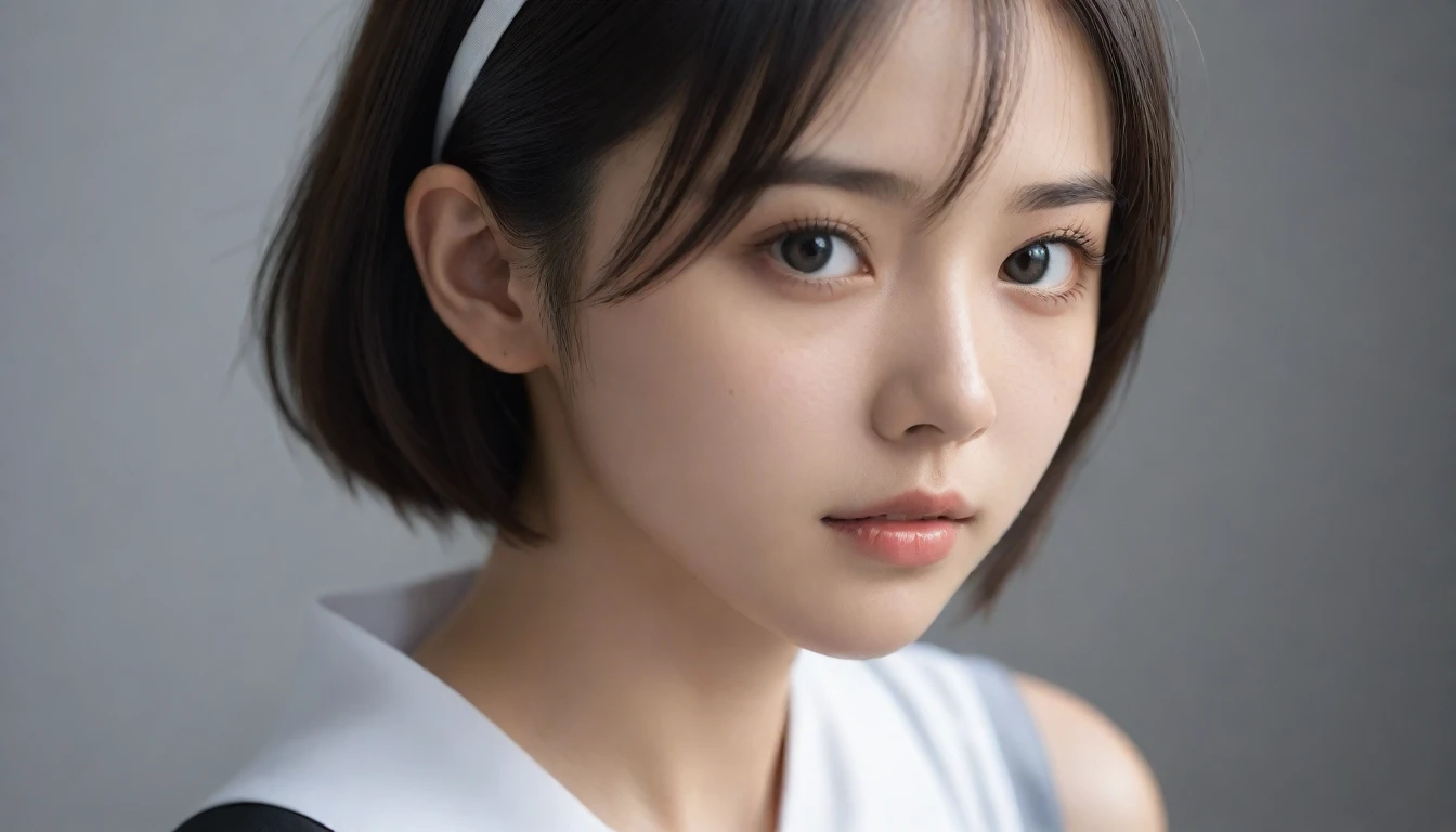 8k, Ultra-high resolution, Highest quality, masterpiece, 三分割法によるphotograph,Surreal, photograph, 1 Girl, (:1.3), pretty girl, Cute Face, Beautiful eyes in every detail, 細かくdetailedに,masterpiece,One Girl:1.2, Japan Female Announcer,extream close up,sad,streaming tears,Black short hair,Messy hair,(Nun's clothing:1.3),(印象派の美しい少女のPortraiture), (Gray background:1.3),(Impressionist light and colour),prayer,Realistic Skin, Perfect and beautiful face ,完璧でCute Face, Skin with attention to detail, Perfect limbs、Narrow waist,Looking at the audience、beauty,Long neck,clavicle,(((Ideal body type))),A cup small breasts :2,Portraiture:2,Perfect Anatomy,鮮明なdetailed,detailed,Surreal,Light and shadow,spotlight