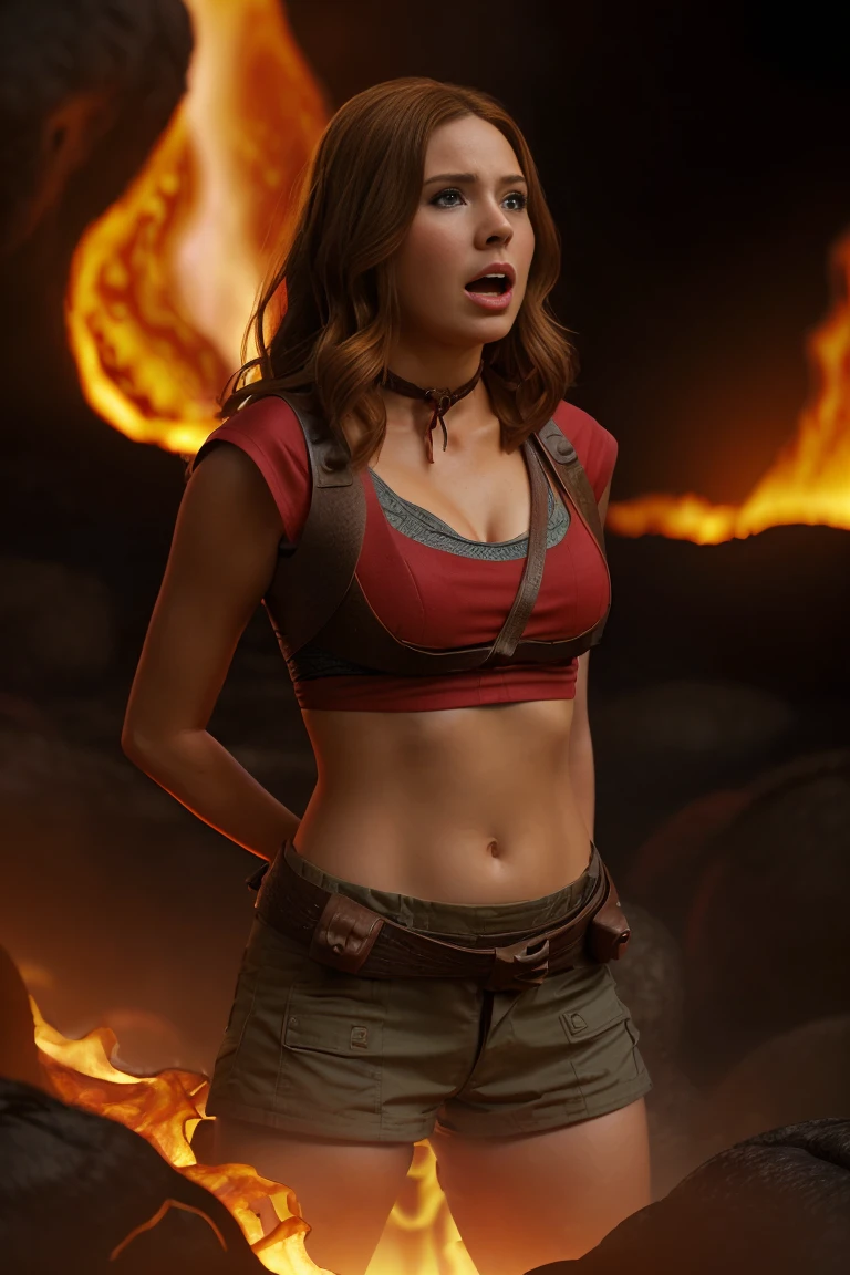 ((full-length photo, sinking in lava)  real, photoshoot, realistic, perspective, atmospheric scene, masterpiece, best quality, (detailed face, detail skin texture, ultra-detailed body:1.1),cinematic light,
1girl, portrait photo of k4r3njm4nj1-smf , solo, blonde hair, realistic, nature, upper body, long hair, breasts, outdoors, day, brown hair, choker. She is sinking in lava, half of her body cover by glowing red lava, she screams as much as she can, desperate