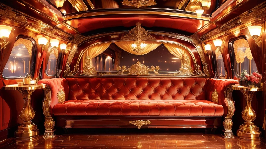 a close up of a crimson couch in a train car, extremely opulent, baroque, royal interior, elegant and ornate, floral pattern ceiling, dark wood reflective floor, looking regal and classic, in majestic, luxurious environment, carriage, rich drapery, ornate furniture, opulent, gold and luxury materials, with dramatic lighting, simple night sky view from windows, exquisitely designed throne room, inside a grand, high end interior, small book on table 