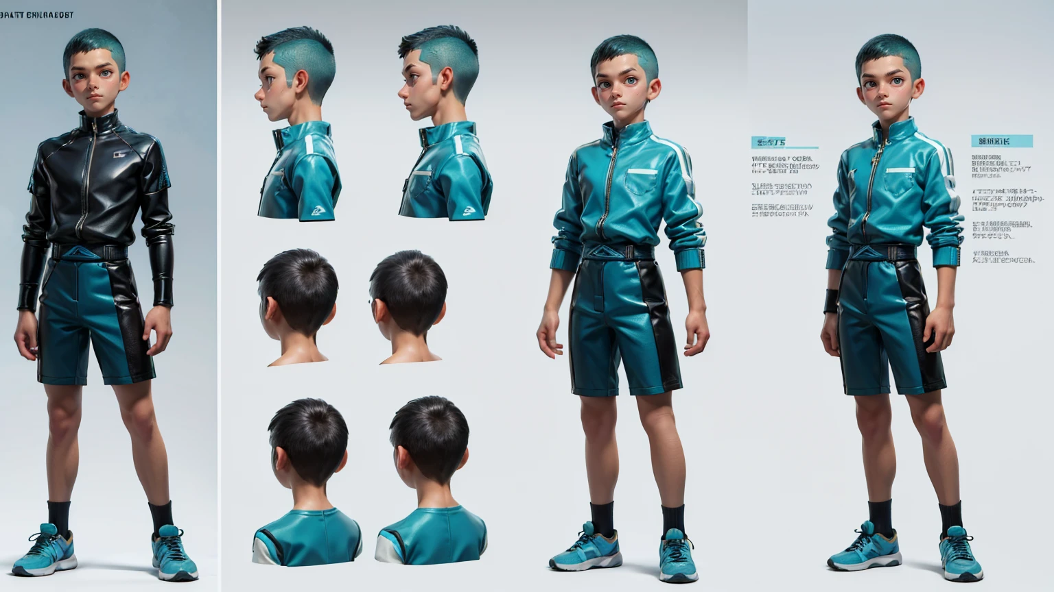 cute face boy, cute face, short height boy, wearing casual futuristic Turquoise color full  dress, full standing pose, Crew Cut hairs, Crew Cut hairs style , sports shoes, Character Sheet, , Full body, Simple white background, front pose character reference sheet, Concept art, design sheet