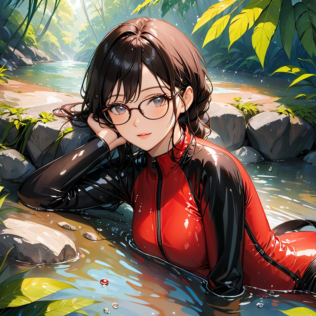 Half-length photo of a mature beauty,Black Hair,wearing glasses,Slender figure,Wearing a wet red and black diving suit,She lay in the creek,There are a lot of water droplets on the body,Background rainforest。Warm colors,