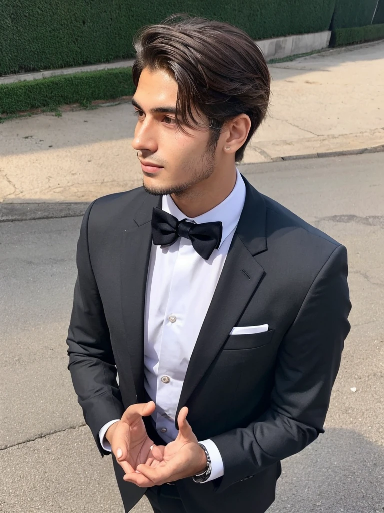 22-year-old Brazilian man in a suit with his hand in his pocket, short hair without beard with a ring on the finger of his left hand, no quarto selfie 🤳🏽 realista, and great quality