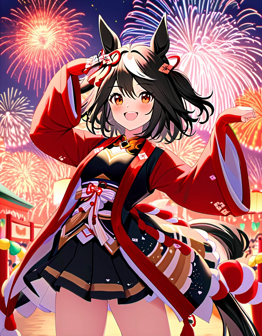 Ultra-high resolution, Highest quality, 8k,Horse Girl,Kitasan Black,162 cm,Bust 85,Waist 56,Hip 88,Festivals,firework,A happy smile,Cute pose