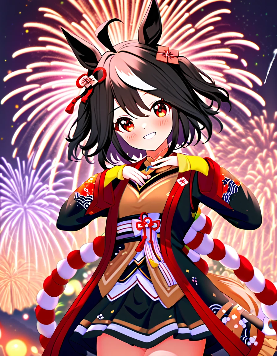 Ultra-high resolution, Highest quality, 8k,Horse Girl,Kitasan Black,162 cm,Bust 85,Waist 56,Hip 88,Festivals,firework,A happy smile,Cute pose
