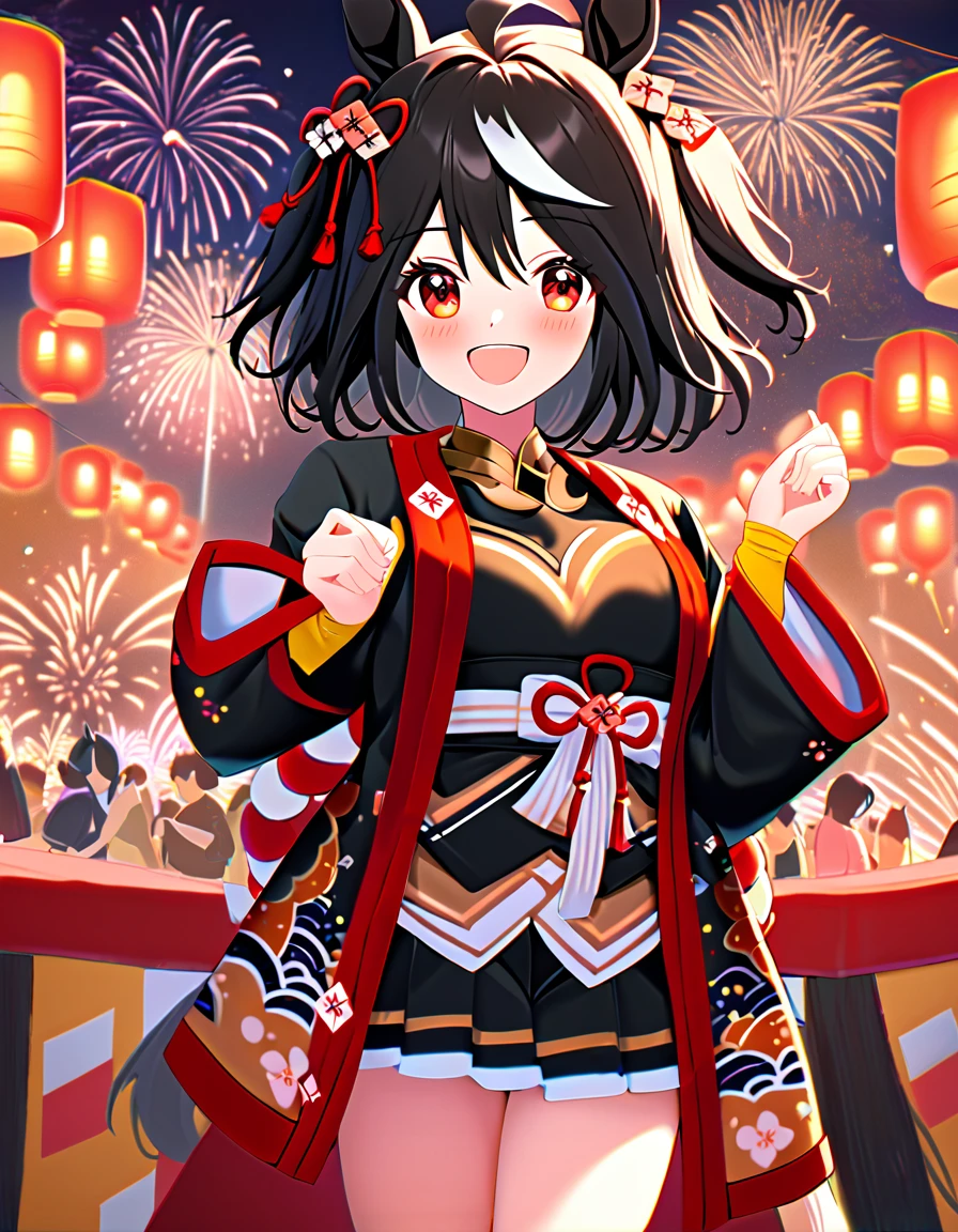 Ultra-high resolution, Highest quality, 8k,Horse Girl,Kitasan Black,162 cm,Bust 85,Waist 56,Hip 88,Festivals,firework,A happy smile,Cute pose
