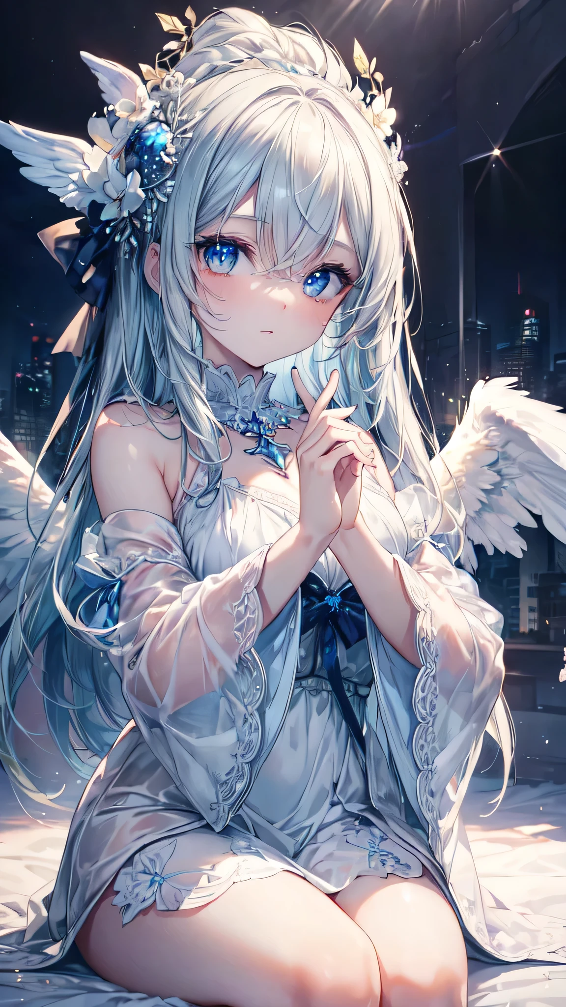 ((masterpiece, side light, finely detailed Nice eyes: 1.2)), Ultra-detail, ultra high resolution, professional lightning, high-quality make-up, Nice detailed eyes, sexly, Nice, big eyes, (drooping eye:1.2), Seraph, alone, alone, slim body, (Circle of Angels:1.1), (Angel wings:1.1), blue sapphire eyes, wide sleeves, outside, highest quality, extremely detail, soft lighting, (Hoarfrost:1.3), Extremely cute, (extremely detailed Nice face), Authentic skin structure, Nice hair, Nice face, Nice eyes, Nice body, Nice hands