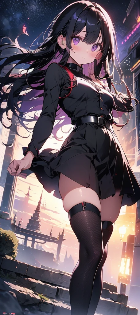 giantess succubus, in heels, walking in tiny city, tiny people, sexy legs, small breasts, sheer stockings, standing, looking down, photo from below