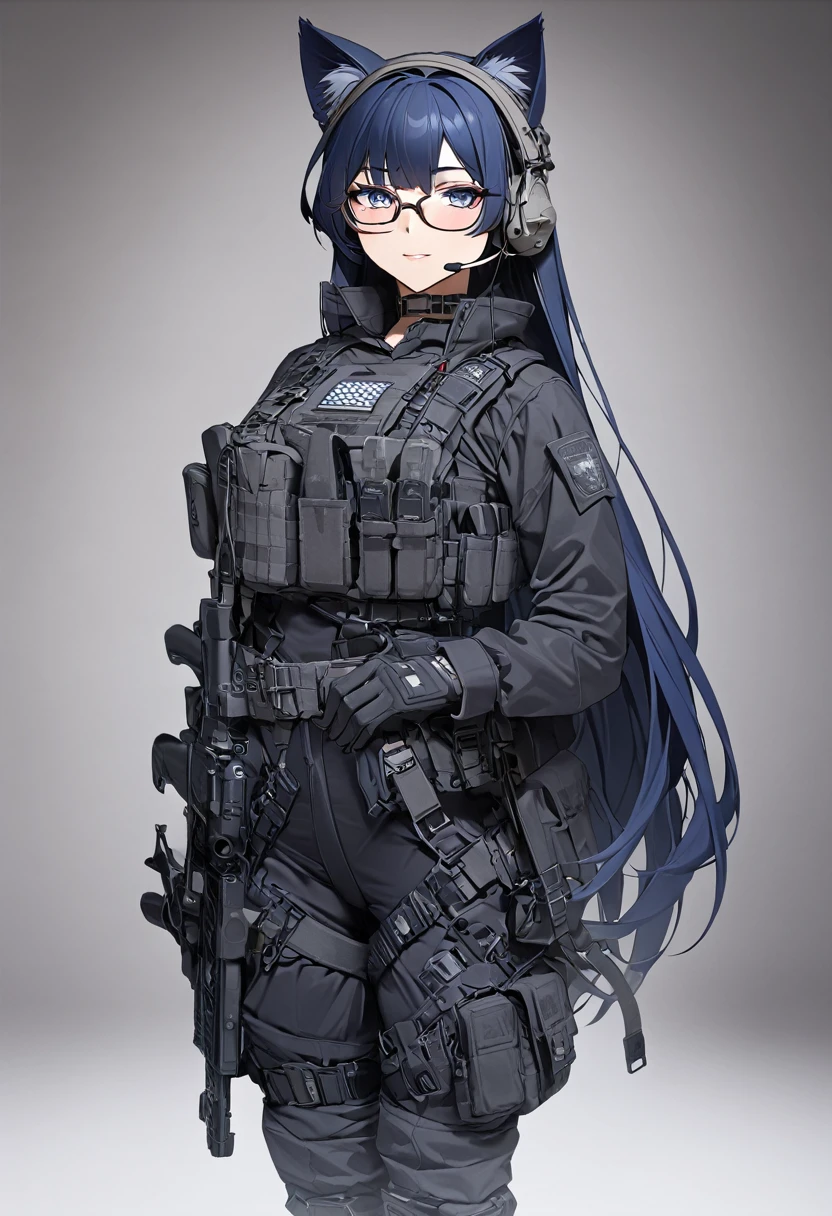 8K Ultra High-Quality, ultra-detailed, High quality, Dark Blue hair, Long hair, Headset, Goggles, cat girl, Grey Tactical clothes, Military clothes, black leotard inner layer clothes, body harness, Looking at viewer, choker, glasses, full body