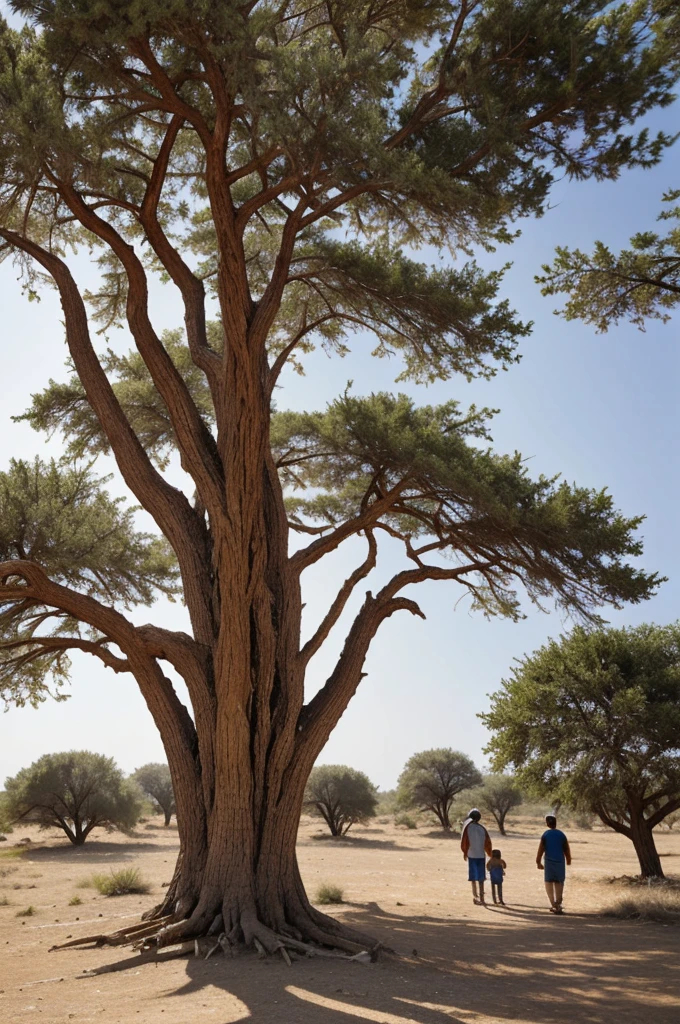 Family and culture, ancestral cedar tree in the haze of the sun's rays, masterpiece, Best quality , family mom stands in the clearing, dad and three children holding hands . Very sunny weather