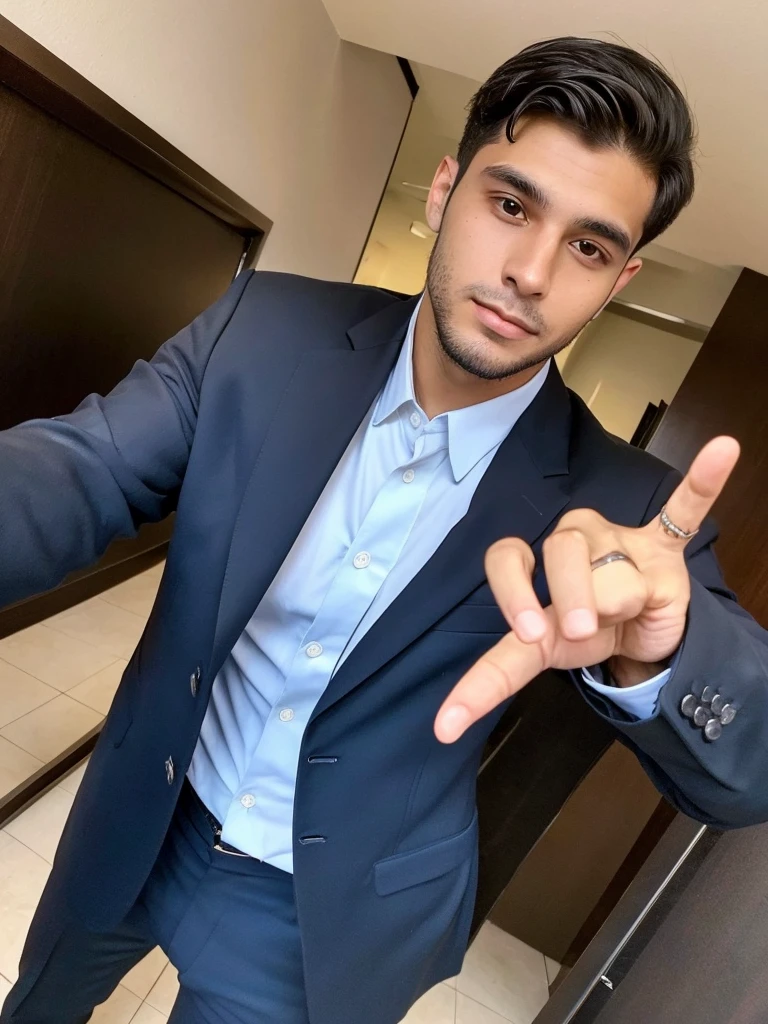 22-year-old Brazilian man in a suit with his hand in his pocket, short hair without beard with a ring on the finger of his left hand, no quarto selfie 🤳🏽 realista, and great quality  