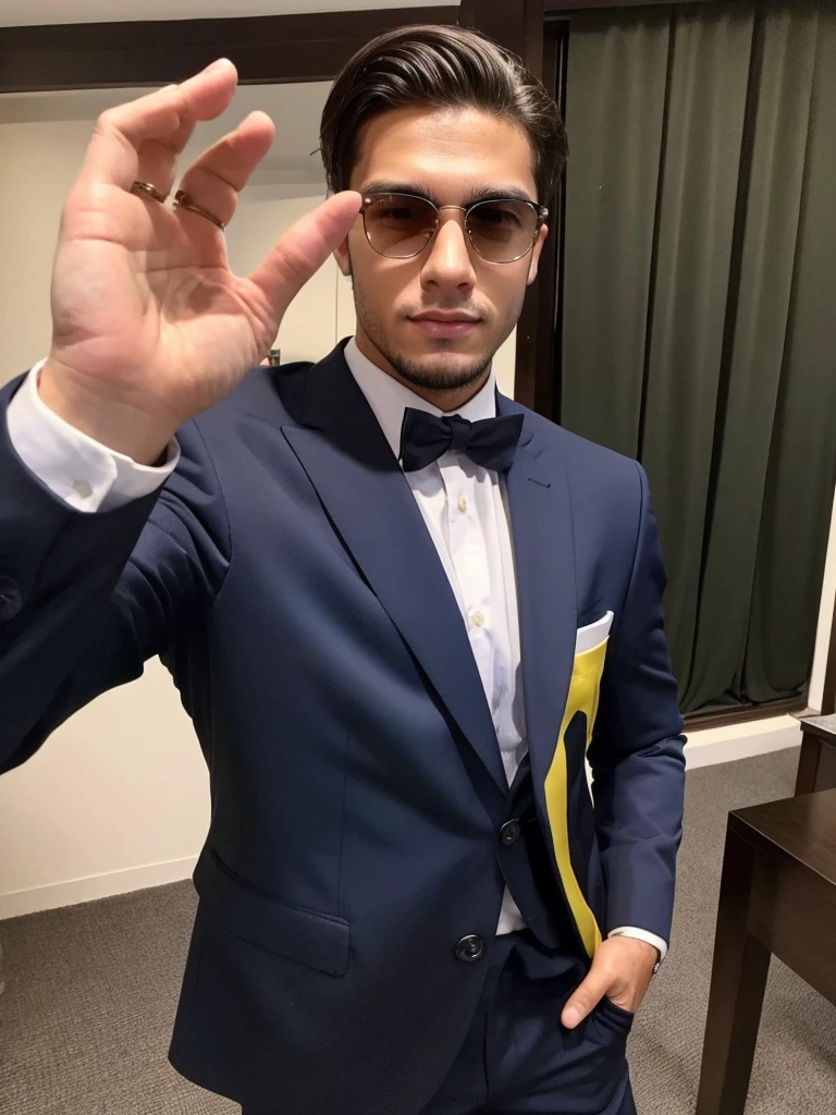 22-year-old Brazilian man in a suit with his hand in his pocket, short hair without beard with a ring on the finger of his left hand, no quarto selfie 🤳🏽 realista, and great quality