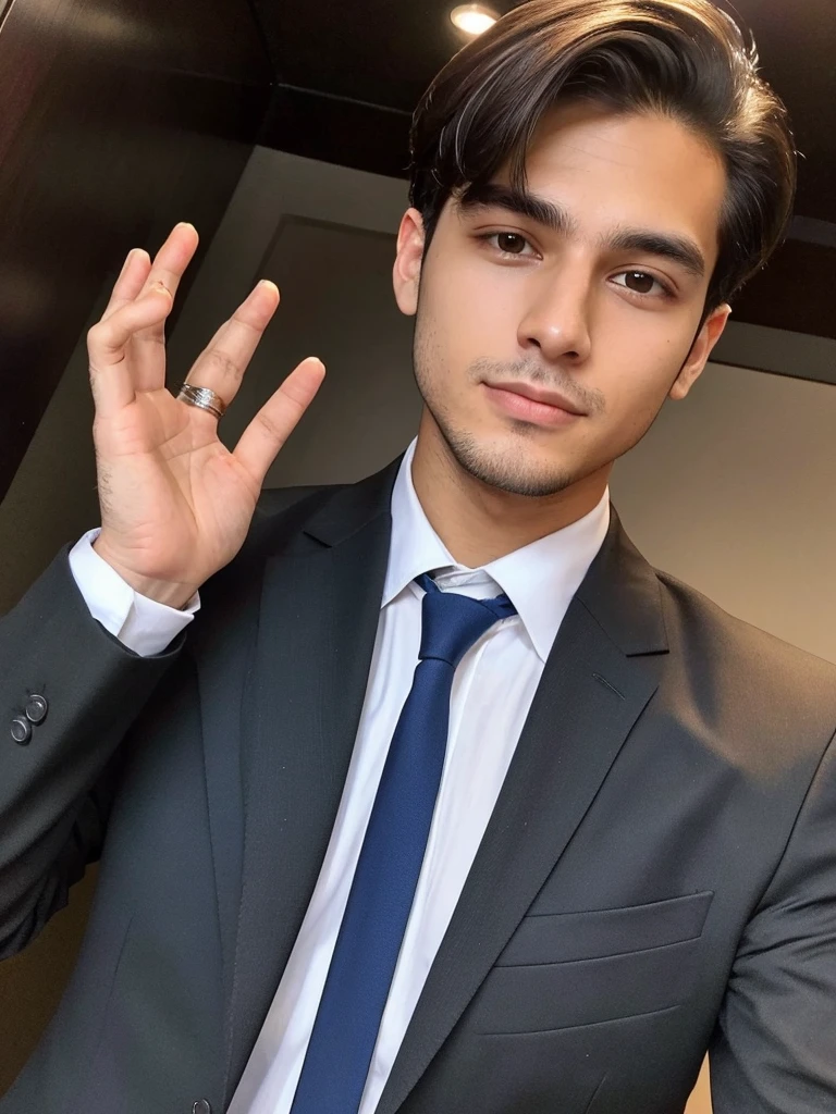 22-year-old Brazilian man in a suit with his hand in his pocket, short hair without beard with a ring on the finger of his left hand, no quarto selfie 🤳🏽 realista, and great quality