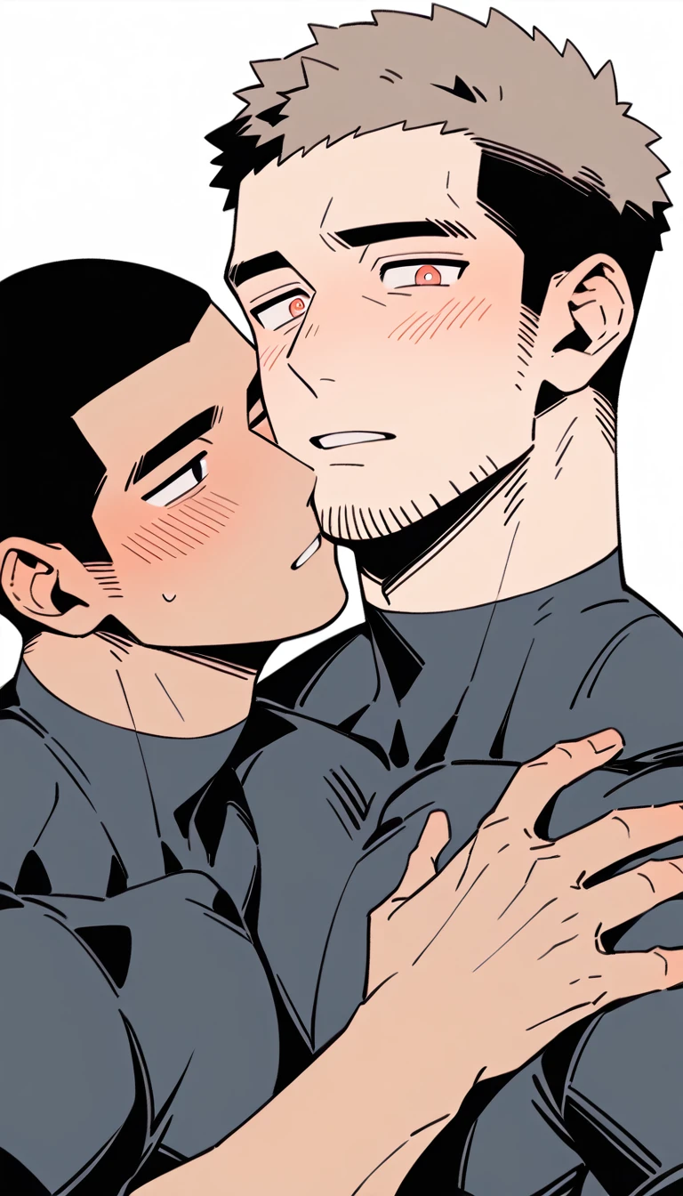 anime characters:Priapus and Dark-skinned muscular athlete, They hugged each other, kiss, Buzz Cut, Manliness, male focus, Dark grey wetsuit, Very tight, full and perky chest muscles, muscular male, muscular, only, Upper body, alone, Red short hair, Thick eyebrows, stubble, Brown-red pupils, White background, simple background, amazing quality, best aesthetics, Ridiculous, crew cut, parted lips, flustered, endured face, shy, blush, negative space, negative space, best quality