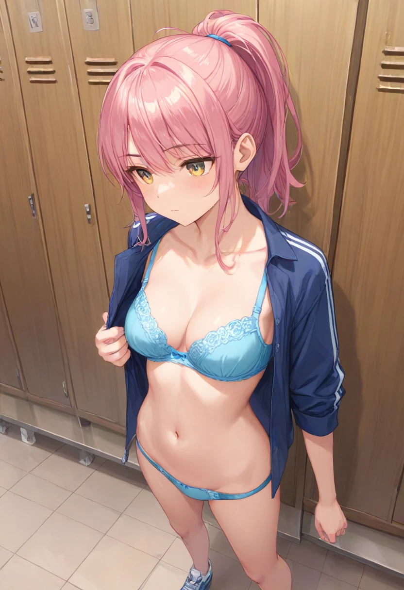 (((masterpiece) (((((Highest quality))))((high resolution))))), Very detailed, Ultra-realistic, )、、locker room、Open shirt、Blue Bra、bluepanties、Pink hair、、、Change of clothes、((Expressionless))、From above.stand、Look away.yellow、Gaze Down、ponytail