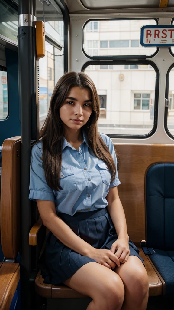 Woman sitting inside bus, wearing brown uniform, blue skirt, beautiful face,