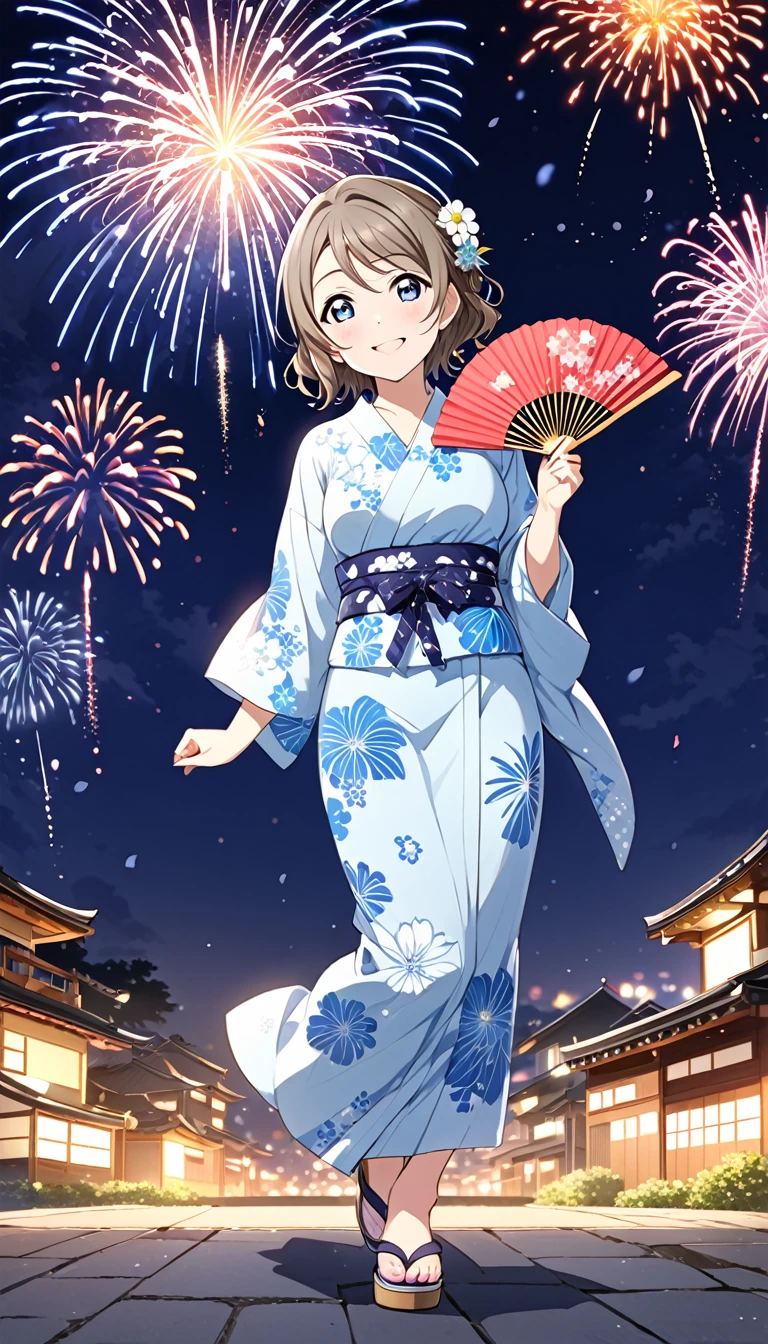 Illustrate You Watanabe from Love Live! Sunshine!!. She is wearing a light blue yukata with floral patterns, holding a fan in one hand. Her hair is styled up, and she's smiling while looking at two distant fireworks. Show her full body，Highest quality, night、The background is Numazu